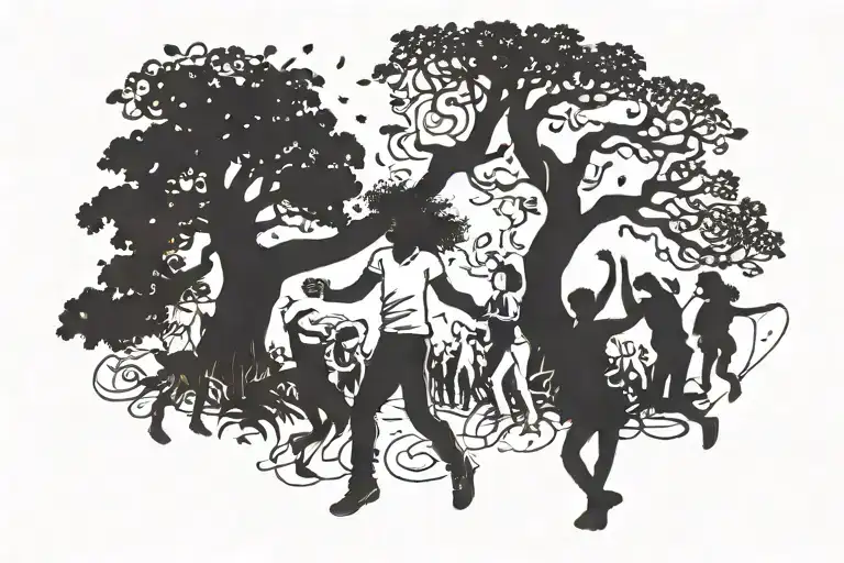 people dancing at a rave around a tree at night tattoo design idea