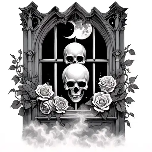 gothic architectural window with skulls, roses, and a moon, bars over the window and mist below the window  tattoo design idea