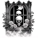 gothic architectural window with skulls, roses, and a moon, bars over the window and mist below the window  tattoo design idea