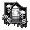 gothic architectural window with skulls, roses, and a moon, bars over the window and mist below the window  tattoo design idea