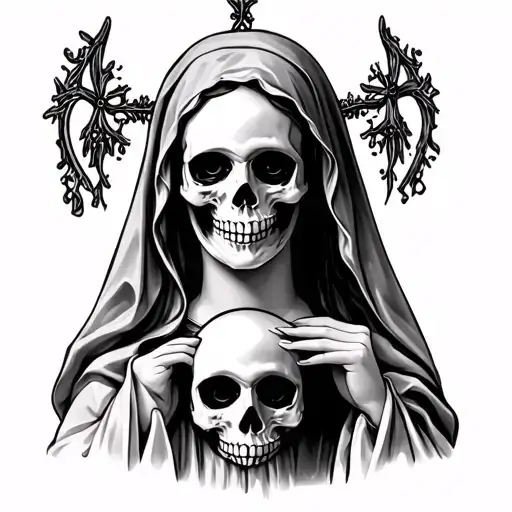 Saint Mary with skull face, her face is a mask which she is holding in her hand tattoo design idea