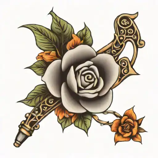 Gardenia, music notes, revolver tattoo design idea