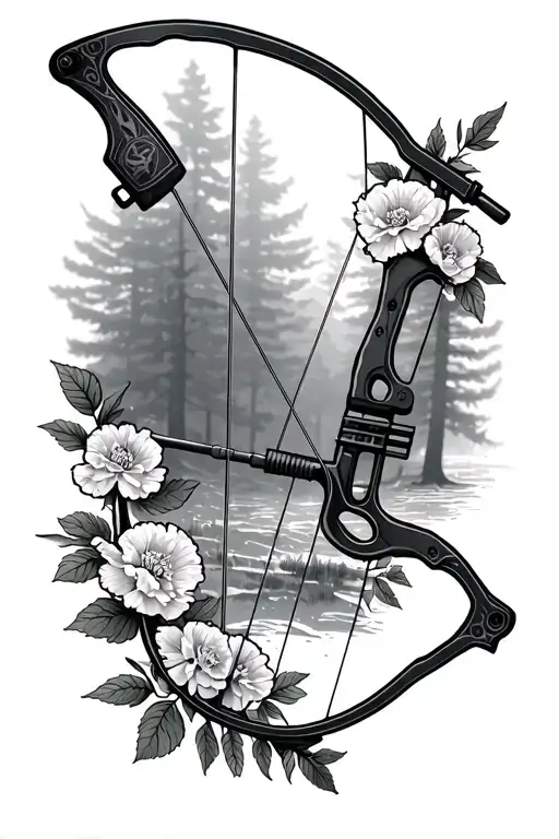forest fading in the background a nocked compound bow in the center and carnations around the edges tattoo design idea