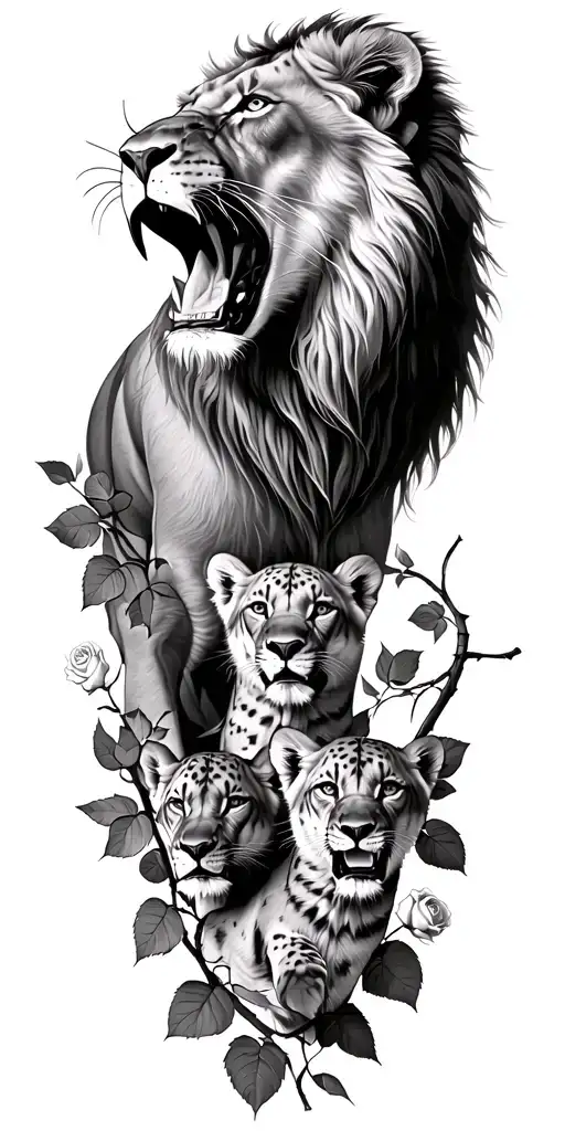 Lioness at top of shoulder. 3 female cubs staggered below, small roses on vines near them. roaring lion on forearm tattoo design idea