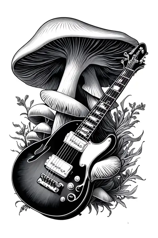 shrooms and guitars intertwined tattoo design idea