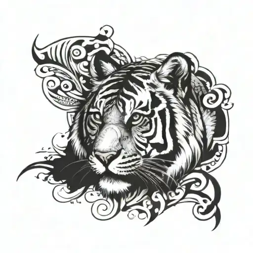 A stylized portrait of a Bengal tiger with intricate Bengali script incorporated into the design tattoo design idea