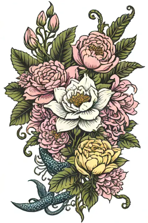 snake water lily larkspur gladiolus poppy chrysanthemum peonies holly nacissus tattoo design idea