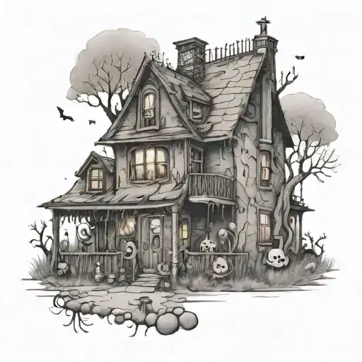 A haunted house with Bratz dolls as the inhabitants tattoo design idea