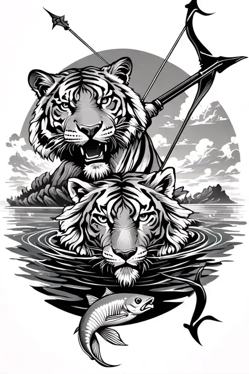 A bow and arrow up, below with Tiger head facing left, below with fish swimming downward. Background clouds and waters tattoo design idea