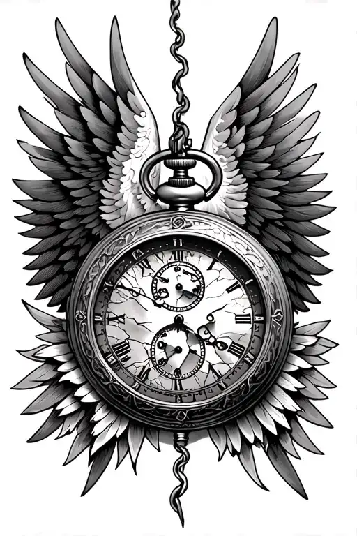 Broken pocket watch embedded in downhill wings in 4 parts tattoo design idea