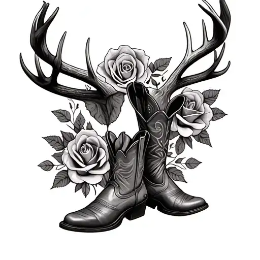 Design a western style thigh tattoo with deer antlers, roses and cowboy boots  tattoo design idea
