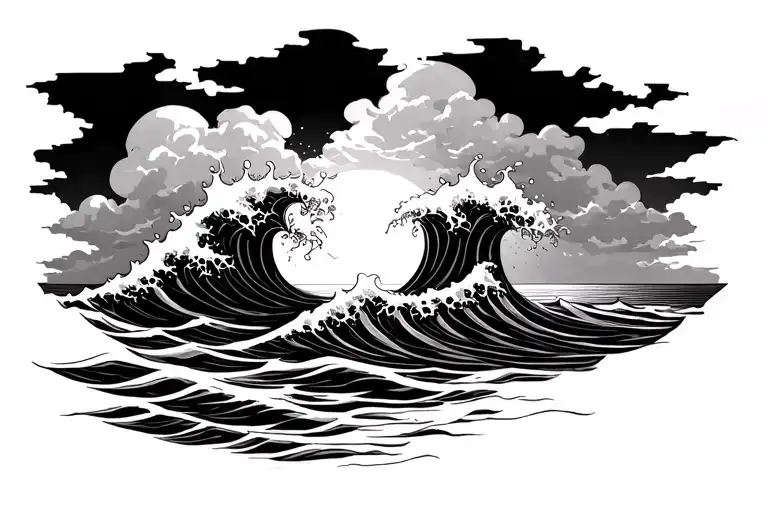 Make me a tattoo with clouds forward plan behind the waves the sea and the sun in the background on a line tattoo design idea