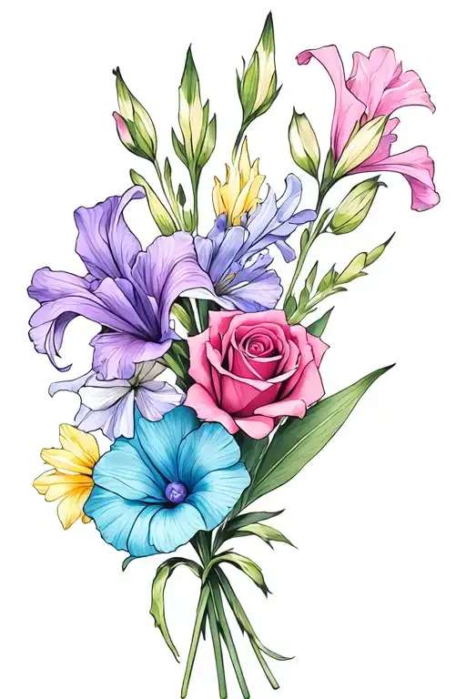gladiolus, daffodil, rose, sweet pea birth flower bouquet. I like colors: blues, pinks, purples, cyan tattoo design idea