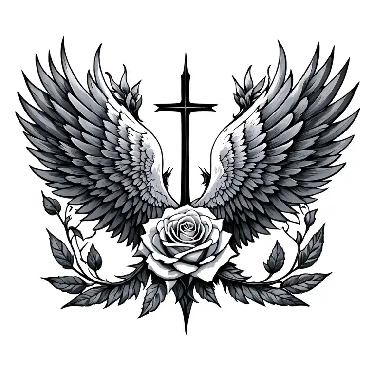 Black and grey wings with cross on the middle of wings and add rose spike tattoo design idea