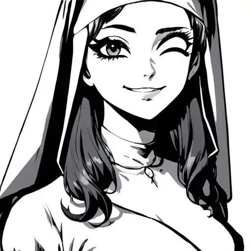 sexy anime girl winks one eye and smiles in nun guise tattoo design idea