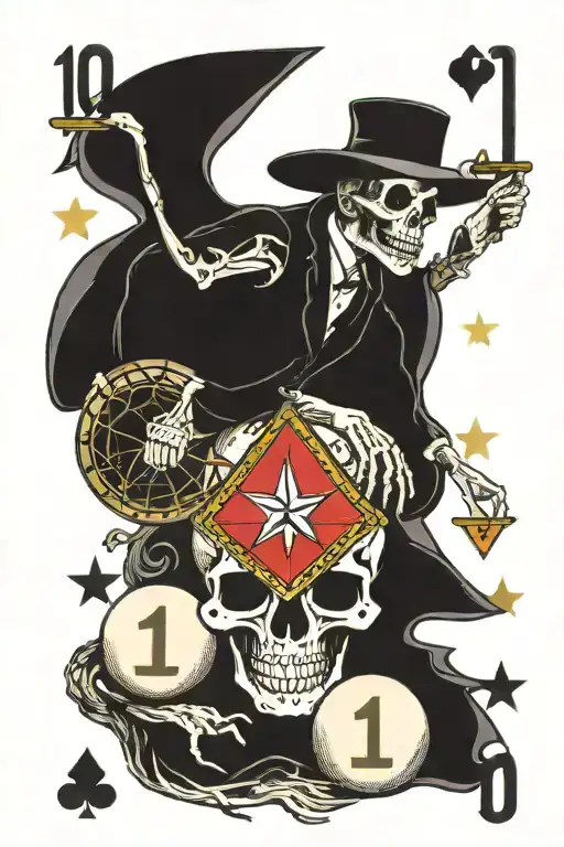 1 date on billiard balls + 1 date on tarot cards + bike + skeleton + stars tattoo design idea