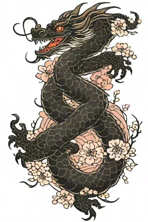 cherry blossoms and coiling dragon  tattoo design idea