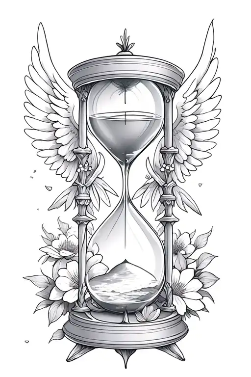 hourglass with wings behind it(in the middle of the hourlgass), and a lot of flowers and petals around as a background tattoo design idea