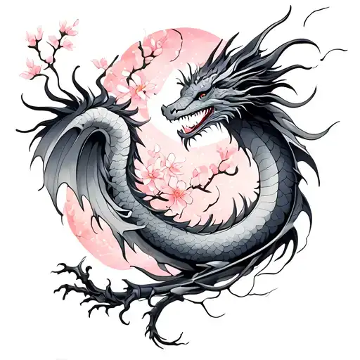 dragon from fourth wing with cherry blossom tattoo design idea