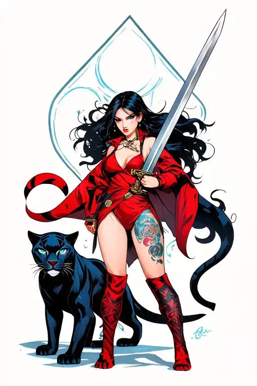 woman holding a sword to the ground and dressed in red with a black panther with blue eyes next to her tattoo design idea