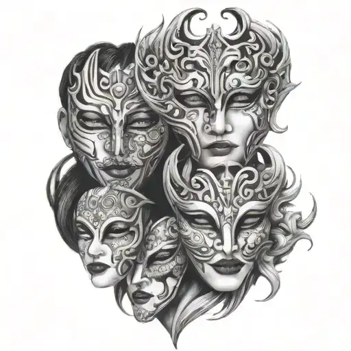 three overlapping similar looking masks that get less intricate and less happy tattoo design idea
