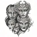 three overlapping similar looking masks that get less intricate and less happy tattoo design idea