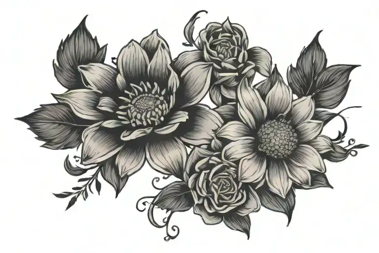 daisy flower lily flower crissanthemum flower and rose on a vine minimalistic tattoo design idea