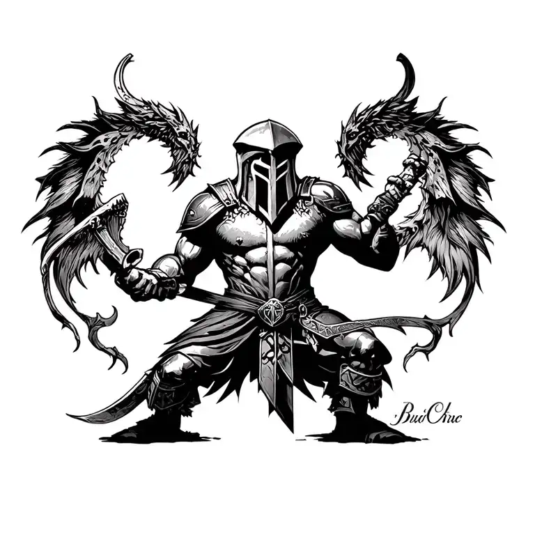 spartan fighting demonds tattoo design idea