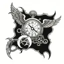 A unique design featuring a mix of angel and demon wings, a compass rose, a pocket watch, a lighthouse, and chains tattoo design idea