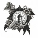 A unique design featuring a mix of angel and demon wings, a compass rose, a pocket watch, a lighthouse, and chains tattoo design idea