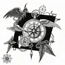 A unique design featuring a mix of angel and demon wings, a compass rose, a pocket watch, a lighthouse, and chains tattoo design idea