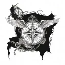 A unique design featuring a mix of angel and demon wings, a compass rose, a pocket watch, a lighthouse, and chains tattoo design idea