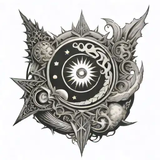 blazing sun, Ouroboros, moon, planets tattoo design idea