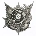 blazing sun, Ouroboros, moon, planets tattoo design idea