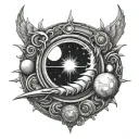 blazing sun, Ouroboros, moon, planets tattoo design idea