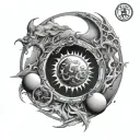 blazing sun, Ouroboros, moon, planets tattoo design idea