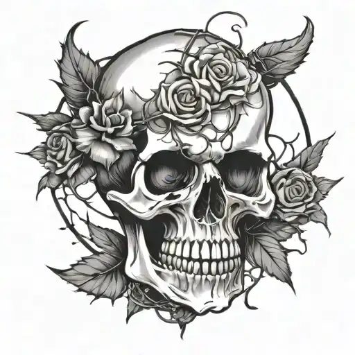 Creepy funny skull ,single rose ,many thorny stems, barbwire,crescent moon, dark, gothic, mysterious, witchy,, tribal, tattoo design idea