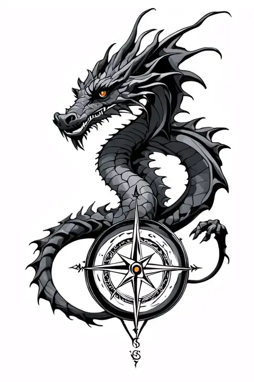 dragon and compass rose intertwined tattoo design idea