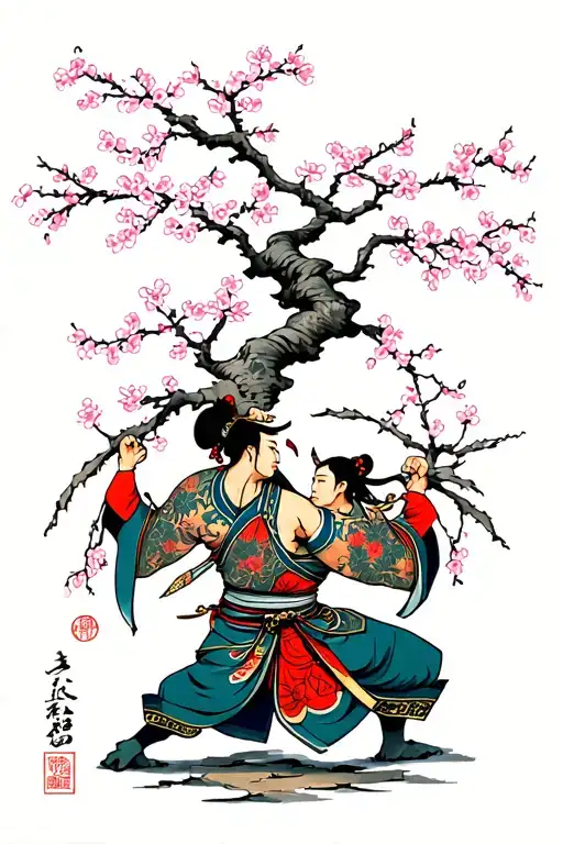 Cherry Blossom Tree with samuri fighting in front tattoo design idea