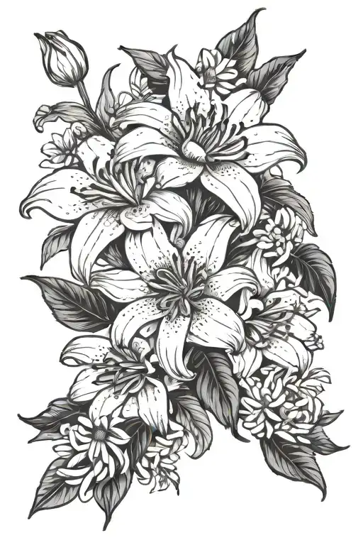 lilly and daisies bouquet tied tattoo design idea