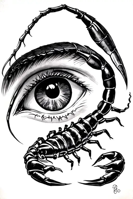 furious scorpio. the eye is above the scorpion, on the right. the scorpion pierces the eye with its tail with a stinger. tattoo design idea