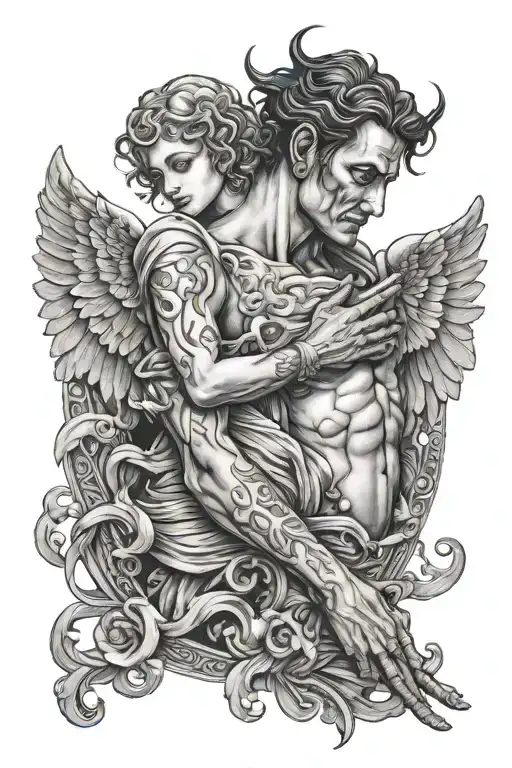 man evil looking holding a gentle angel holding tattoo design idea