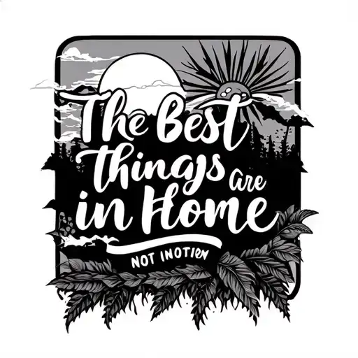 In a rectangle, the words "The best things in life are not home" in a pretty Spanish font. with an Argentinian sun tattoo design idea