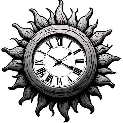 wood looking sun with clock tattoo design idea