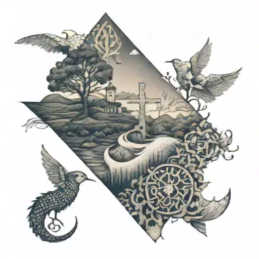 A detailed tattoo of a Christian symbol intertwined with imagery inspired by the landscapes of Azores Portugal tattoo design idea