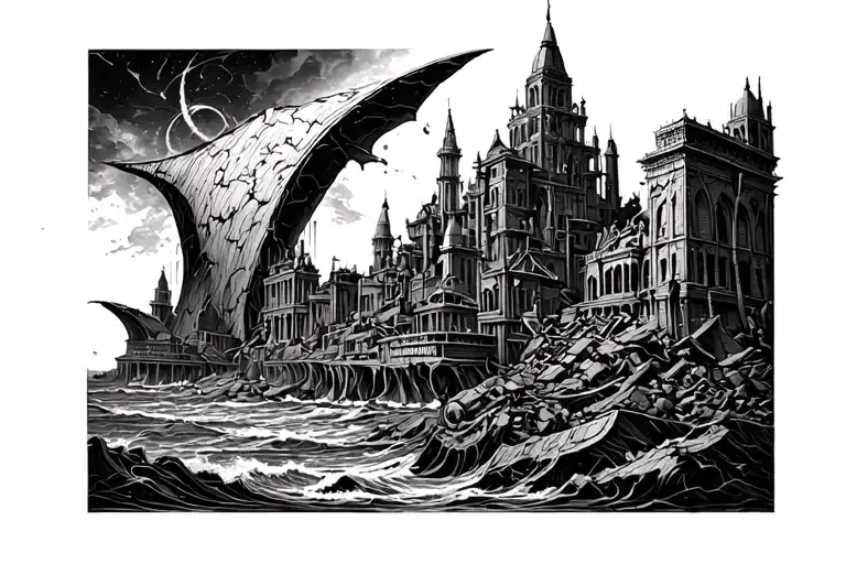crumbling city of atlantis tattoo design idea