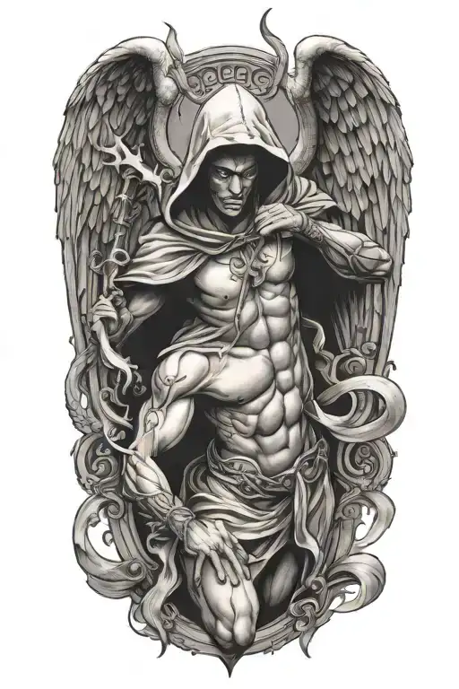 Hooded Arch Angel Defeating A Demon  tattoo design idea