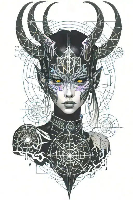 anime girl with devil horns, an oni tail, scar over eye, tongue sticking out, pentagrams, fire, hell tattoo design idea