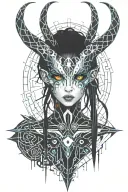 anime girl with devil horns, an oni tail, scar over eye, tongue sticking out, pentagrams, fire, hell tattoo design idea