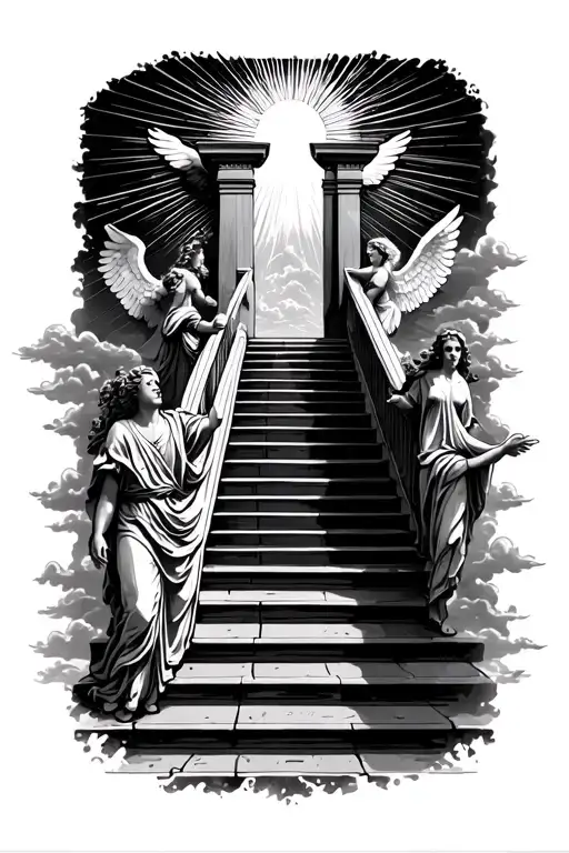 stairway to heaven walking up stairs angels sun rays clouds heaven gate at the top of the stairs  tattoo design idea